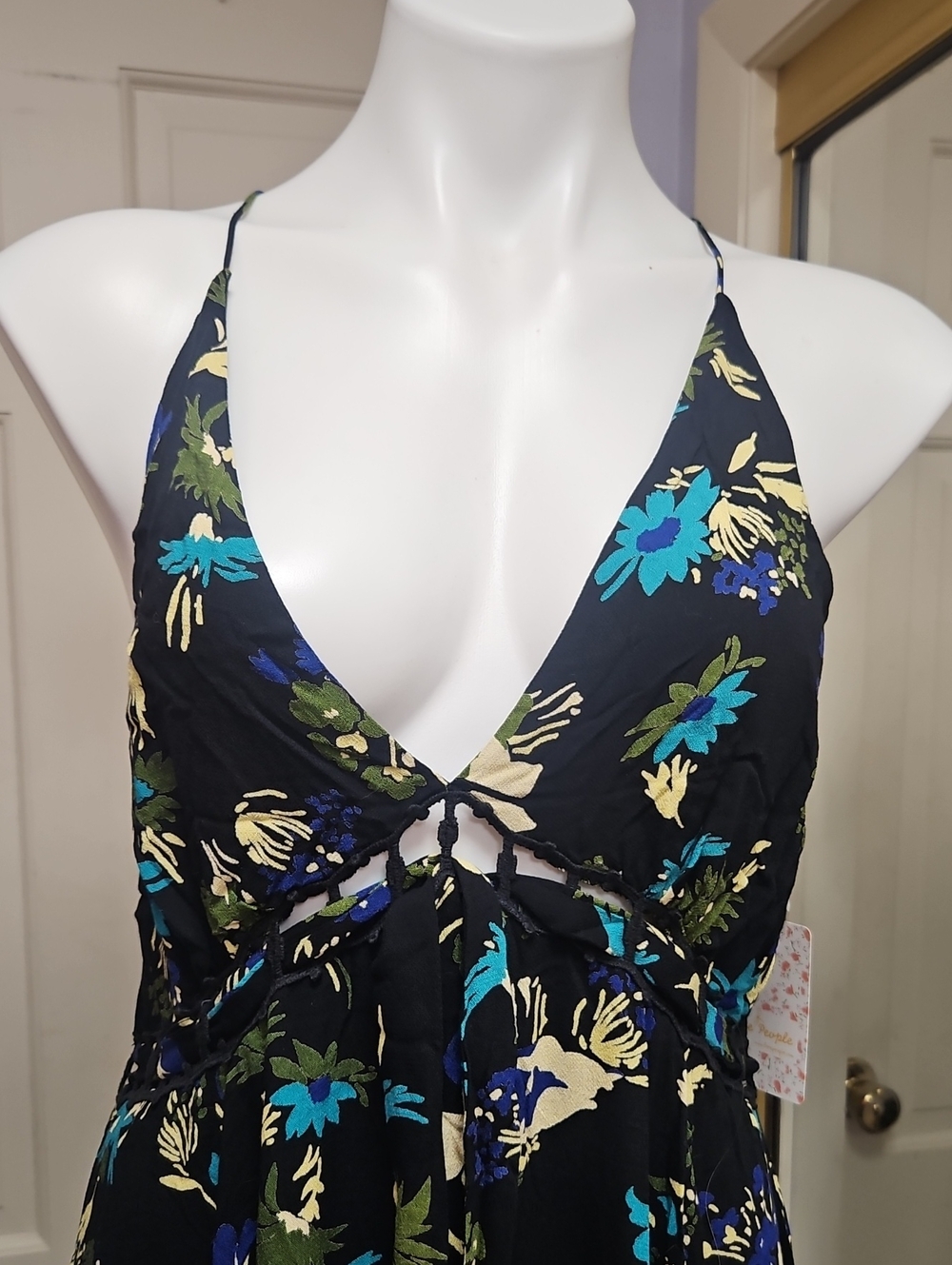 Free People Black Floral Backless Maxi Dress with Blue & Cream Accents - Picture 6 of 14